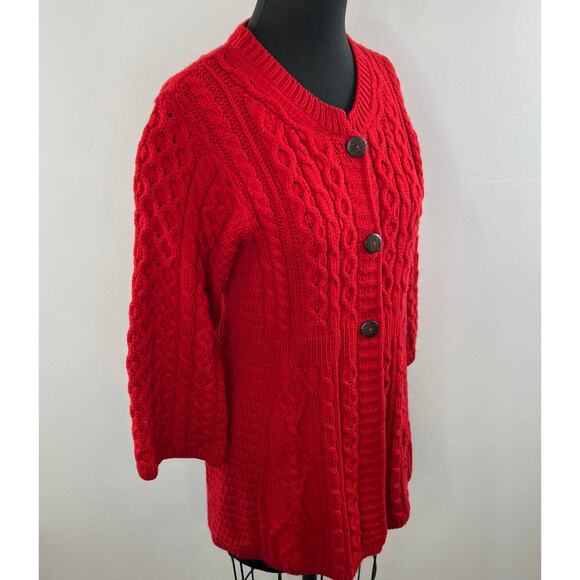 Kilronan Knitwear Red Ireland New Wool Cable Knit 3/4 Sleeve Cardigan Sweater L - Picture 4 of 7